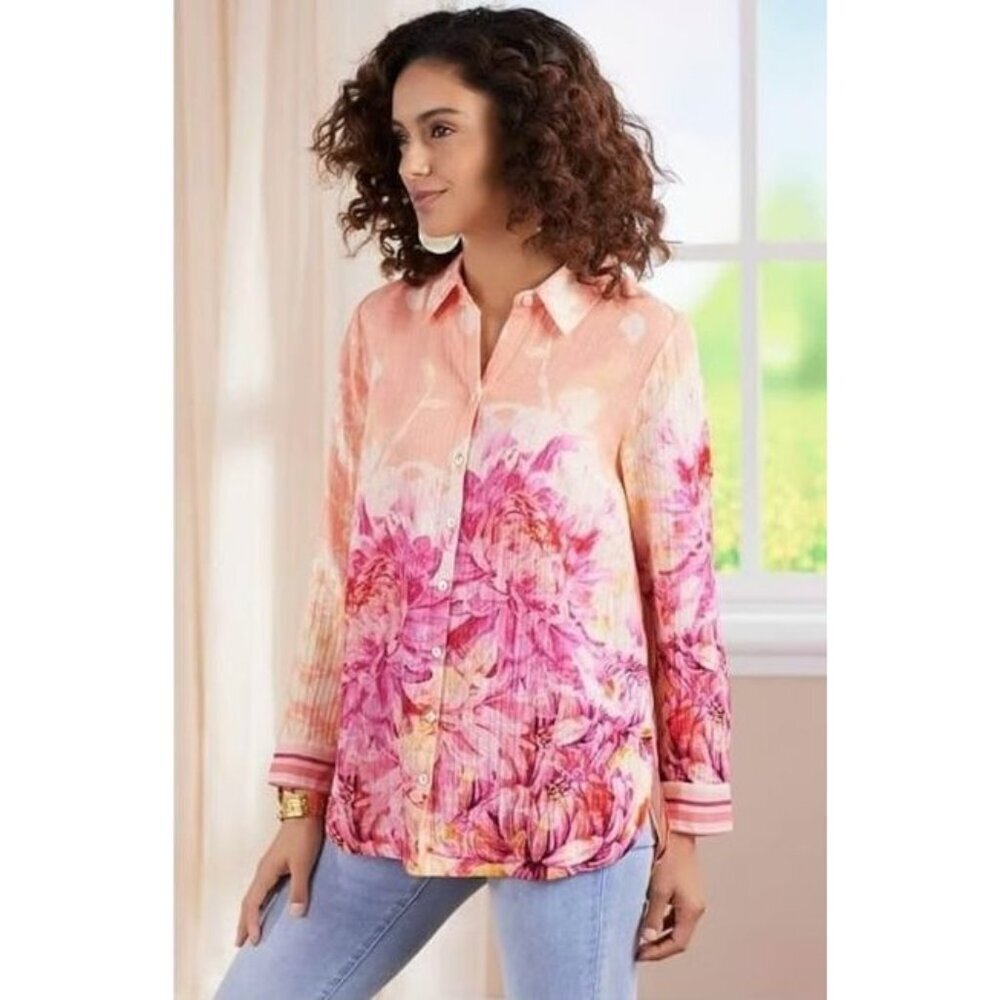 Soft Surroundings Altura Gauzy Cotton Tie-dye Tunic Blouse Women's Size M Orange